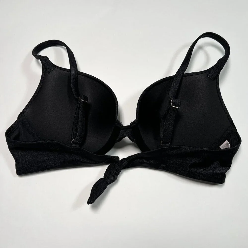 Victoria Secret 36DD VERY SEXY Push Up Bikini Top Shine Trim Back Tie Black